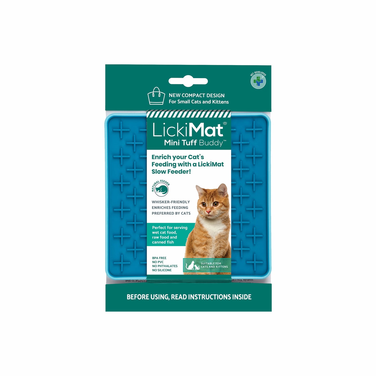 Turquoise LickiMat® Mini Tuff Buddy™ – Durable Slow Feeder Lick Mat for Cats (label) on white background