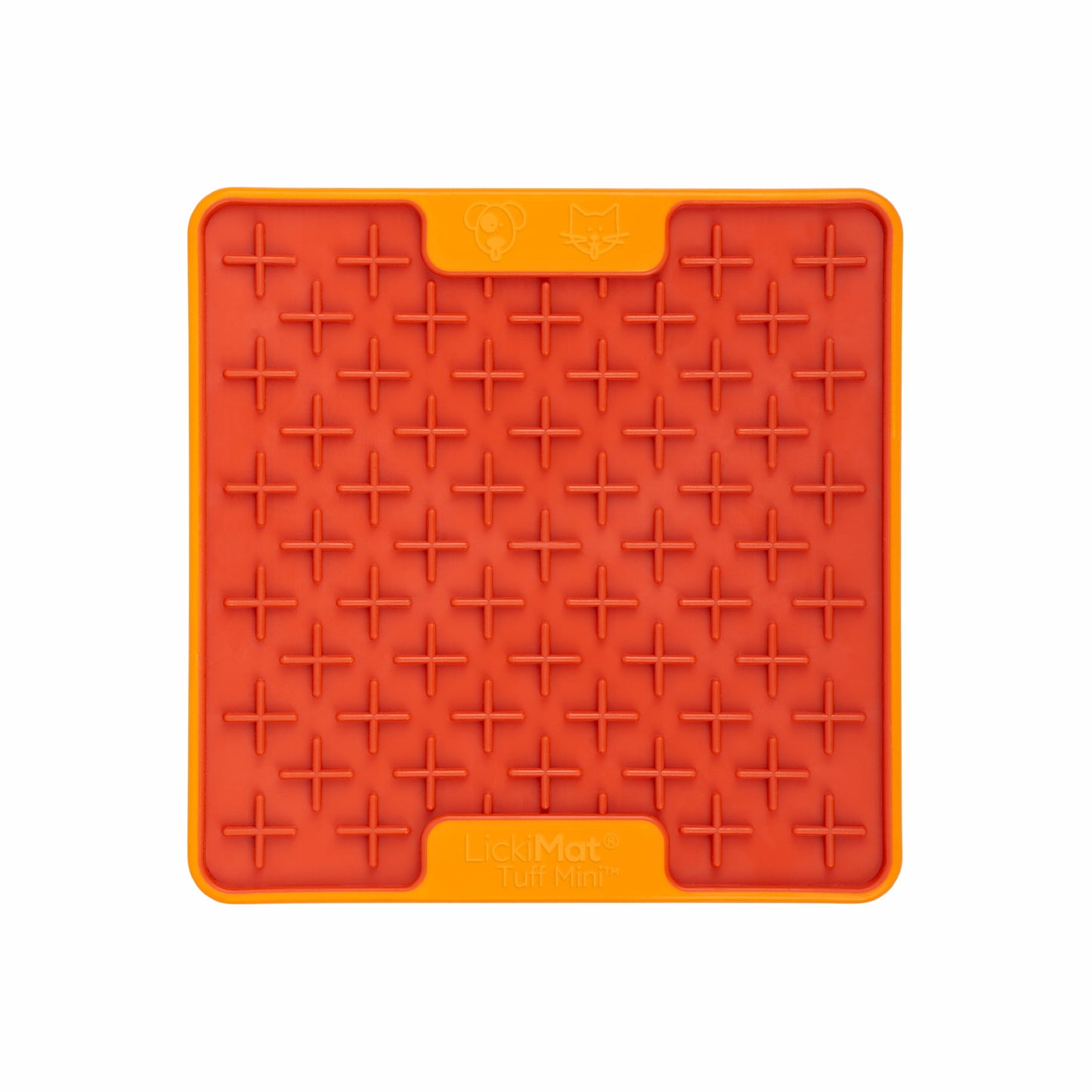 Orange LickiMat® Mini Tuff Buddy™ – Durable Slow Feeder Lick Mat for Cats (front) on white background