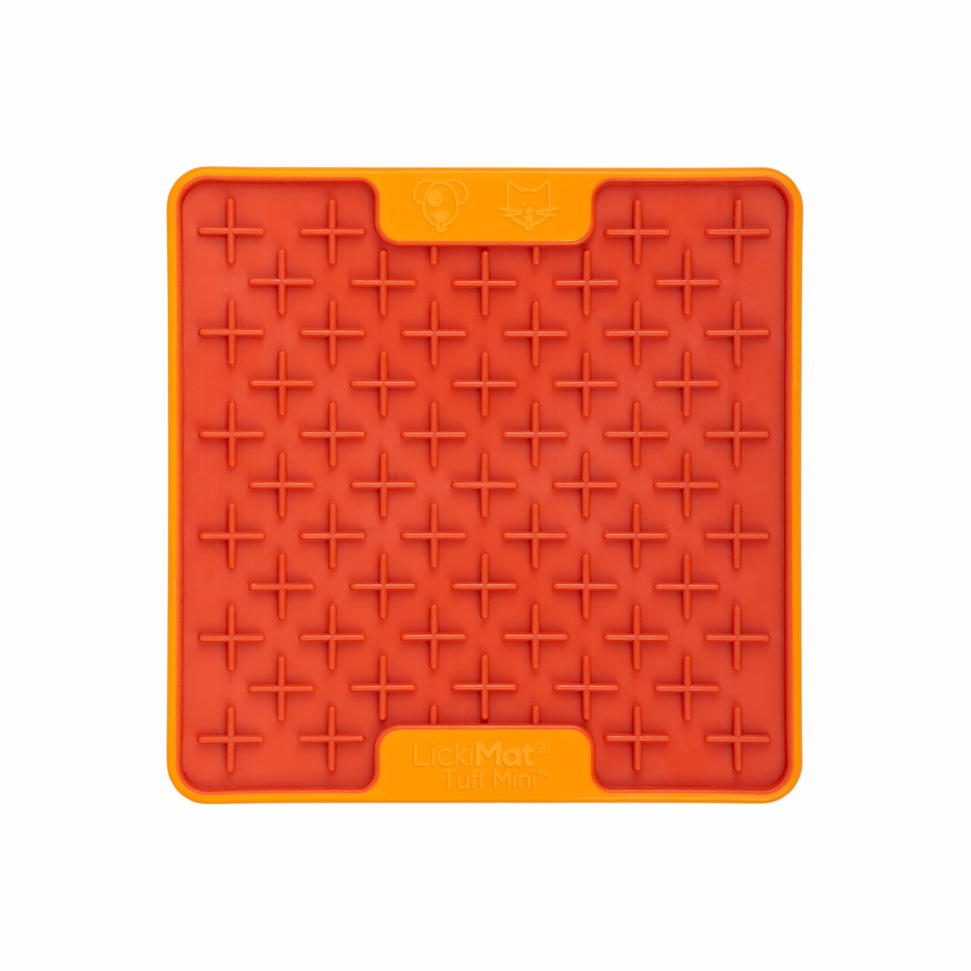 Orange LickiMat® Mini Tuff Buddy™ – Durable Slow Feeder Lick Mat for Cats (front) on white background