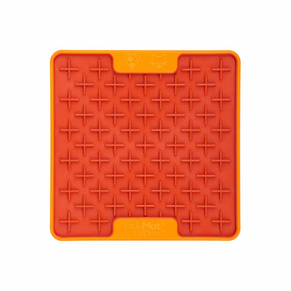 Orange LickiMat® Mini Tuff Buddy™ – Durable Slow Feeder Lick Mat for Cats (front) on white background
