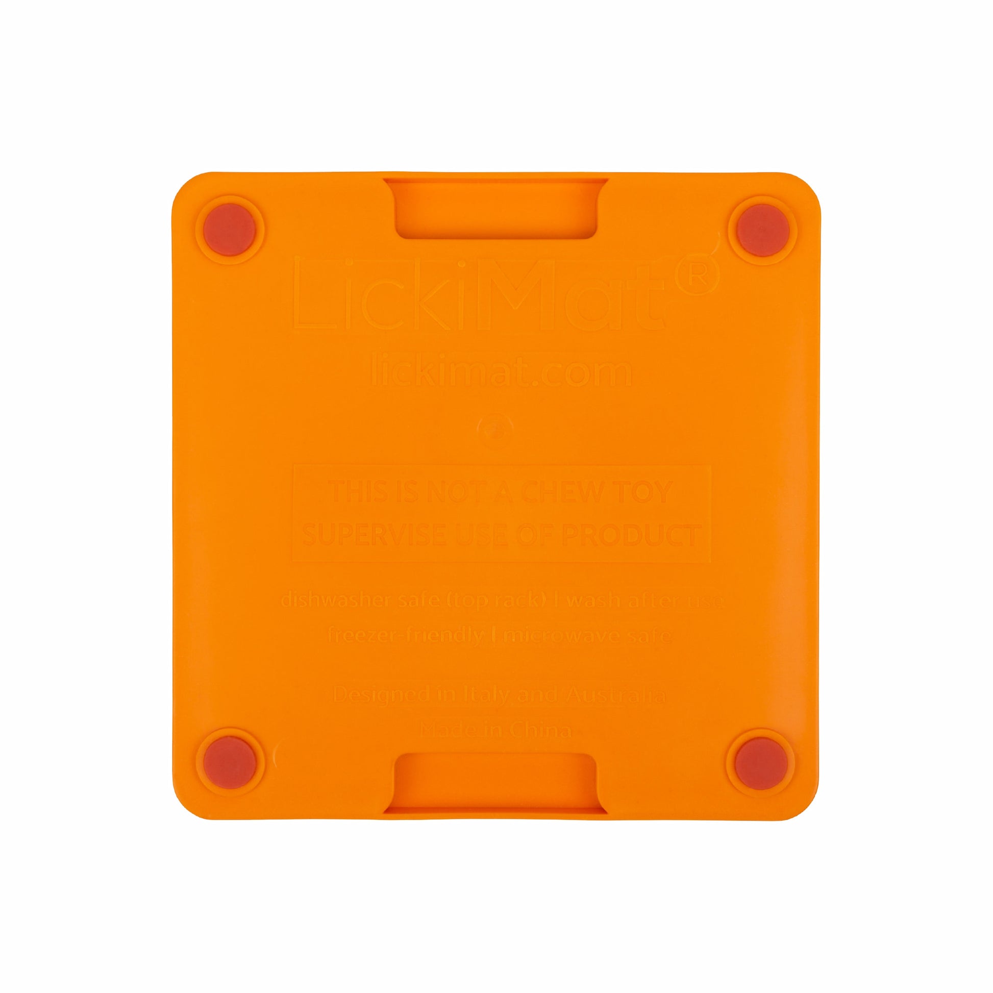 Orange LickiMat® Mini Tuff Buddy™ – Durable Slow Feeder Lick Mat for Cats (rear) on white background