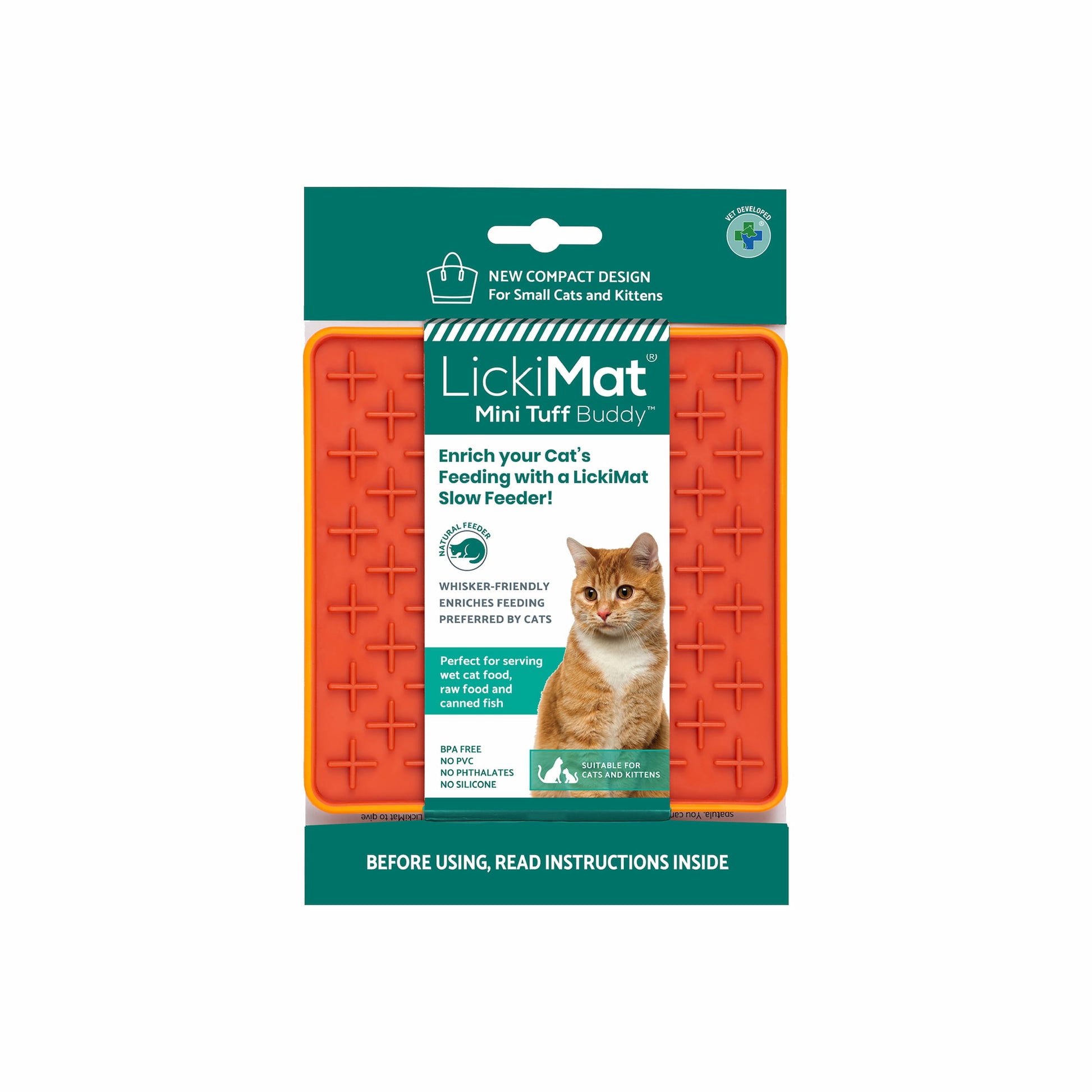 Orange LickiMat® Mini Tuff Buddy™ – Durable Slow Feeder Lick Mat for Cats (label) on white background