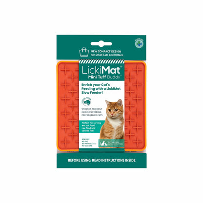 Orange LickiMat® Mini Tuff Buddy™ – Durable Slow Feeder Lick Mat for Cats (label) on white background