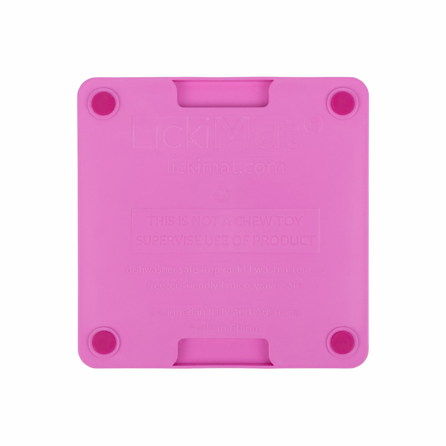 Pink LickiMat® Mini Tuff Buddy™ – Durable Slow Feeder Lick Mat for Cats (rear) on white background