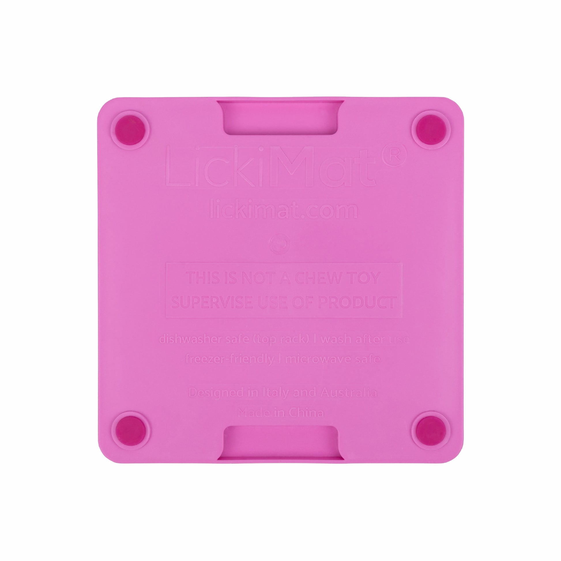 Pink LickiMat® Mini Tuff Buddy™ – Durable Slow Feeder Lick Mat for Cats (rear) on white background