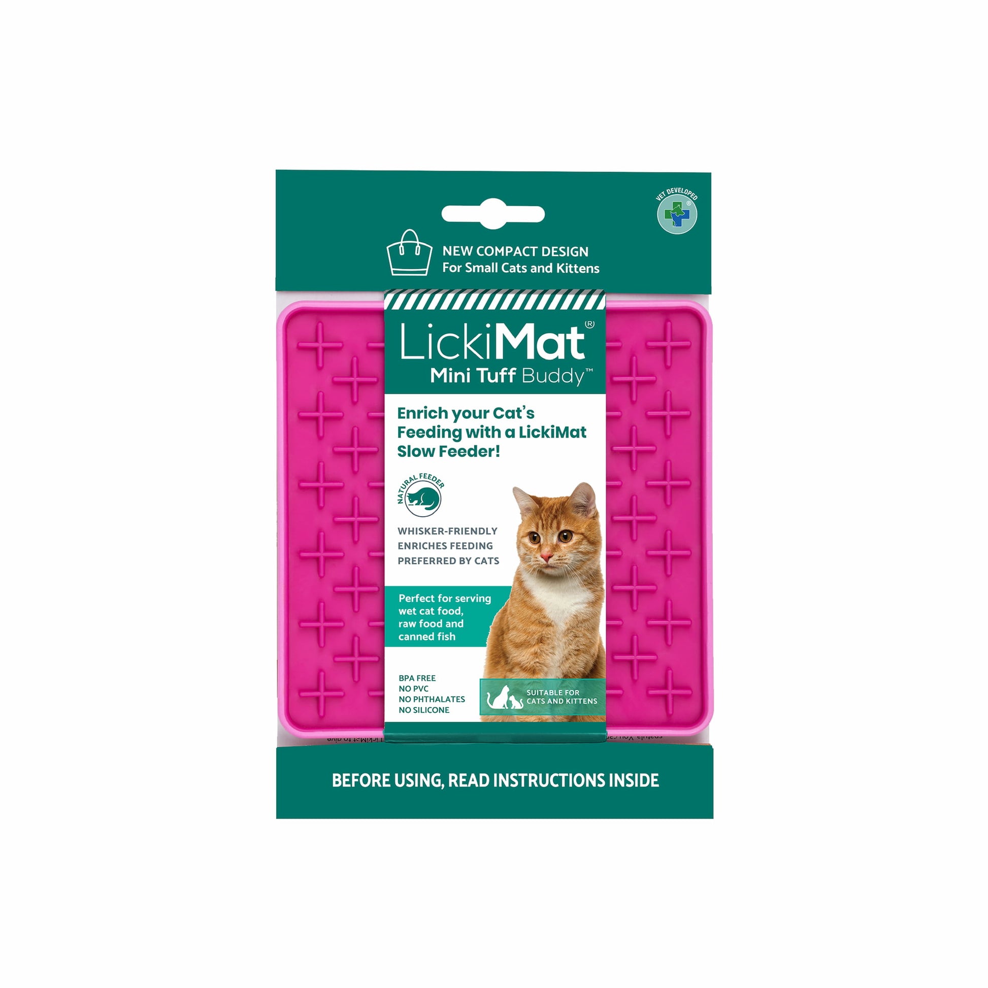 Pink LickiMat® Mini Tuff Buddy™ – Durable Slow Feeder Lick Mat for Cats (label) on white background