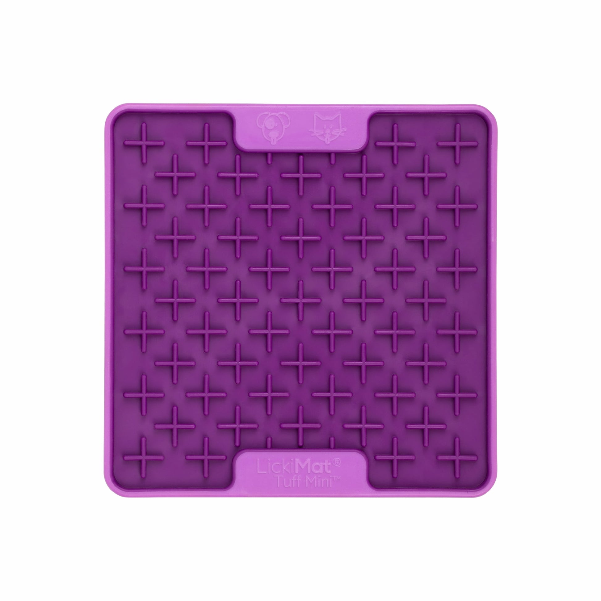 Purple LickiMat® Mini Tuff Buddy™ – Durable Slow Feeder Lick Mat for Cats (front) on white background