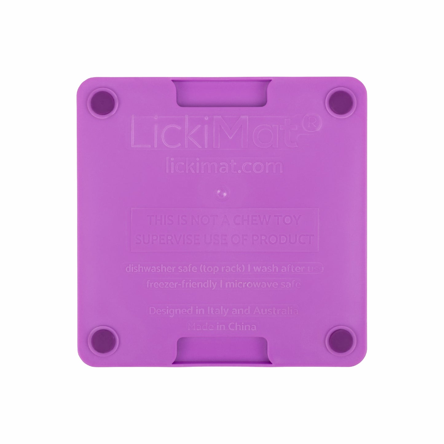 Purple LickiMat® Mini Tuff Buddy™ – Durable Slow Feeder Lick Mat for Cats (rear) on white background