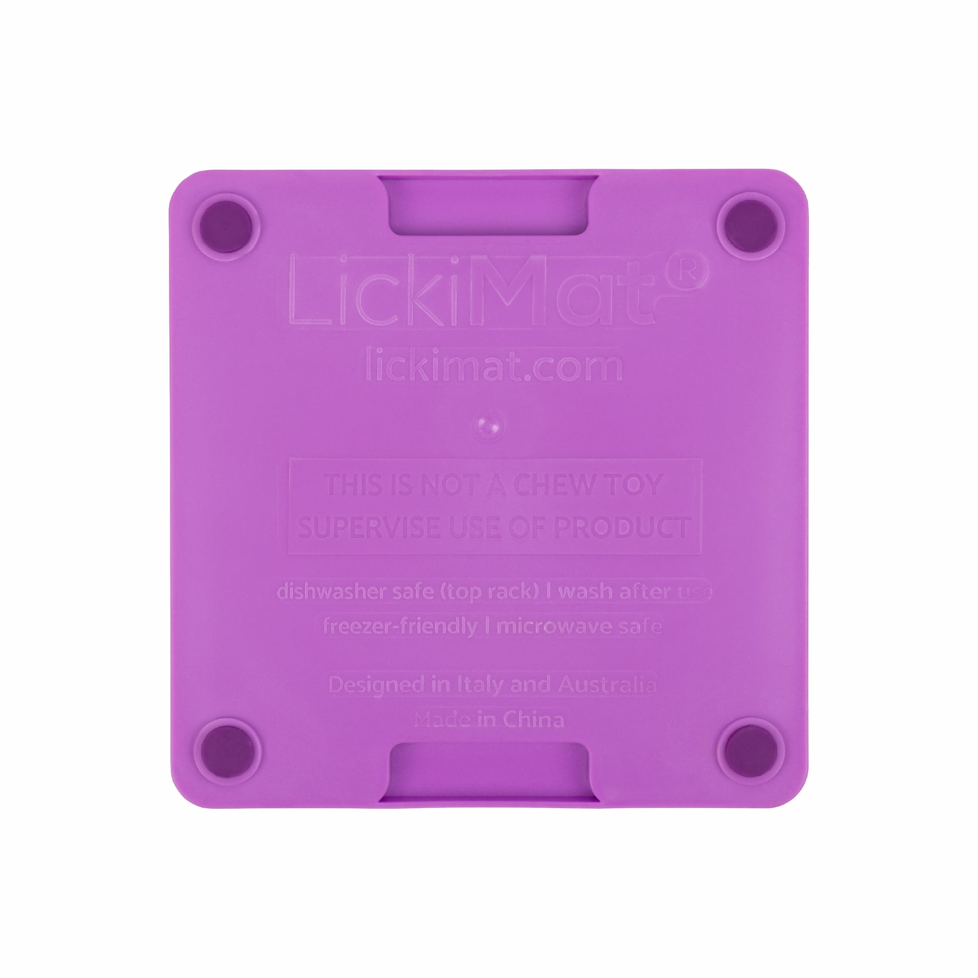 Purple LickiMat® Mini Tuff Buddy™ – Durable Slow Feeder Lick Mat for Cats (rear) on white background