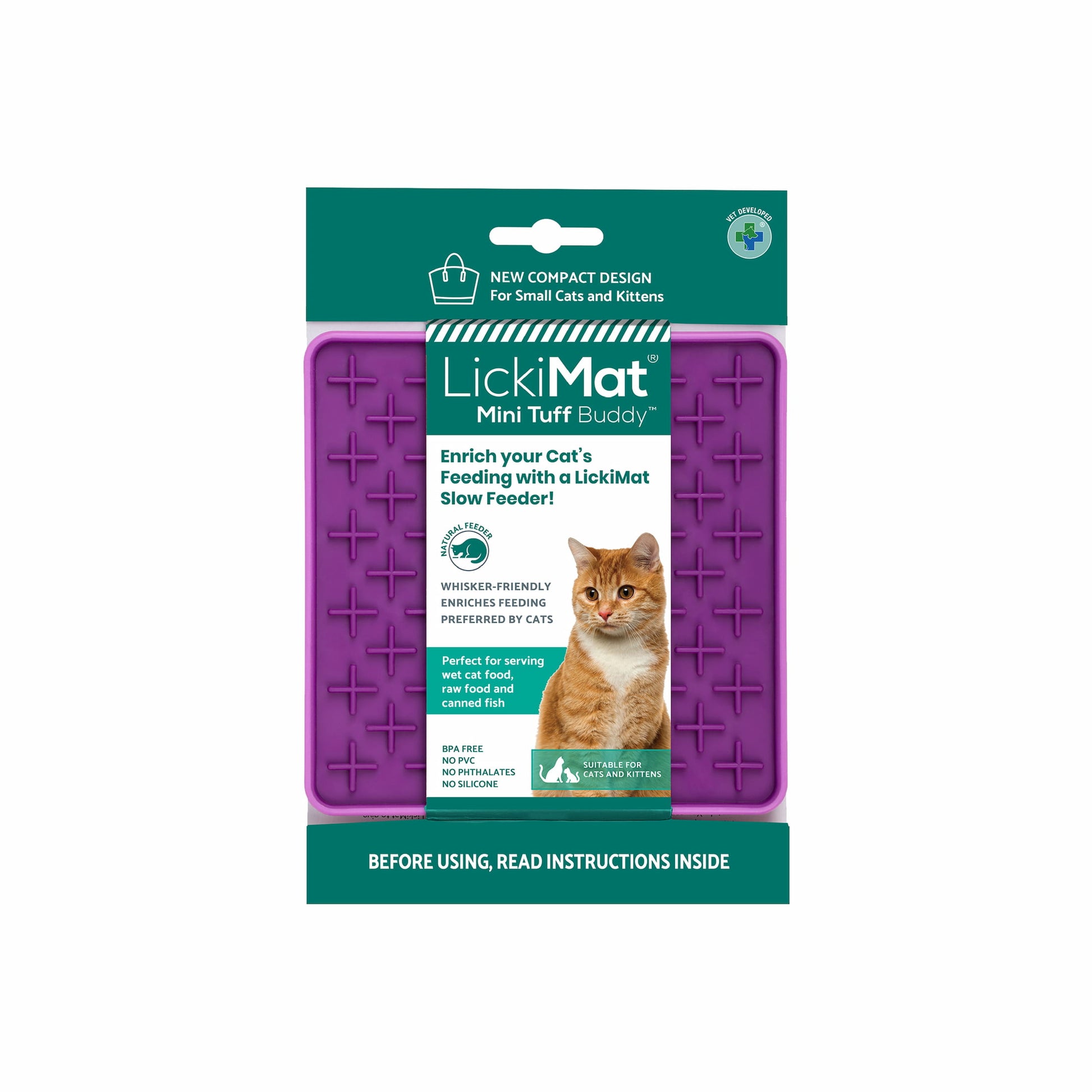 Purple LickiMat® Mini Tuff Buddy™ – Durable Slow Feeder Lick Mat for Cats (label) on white background