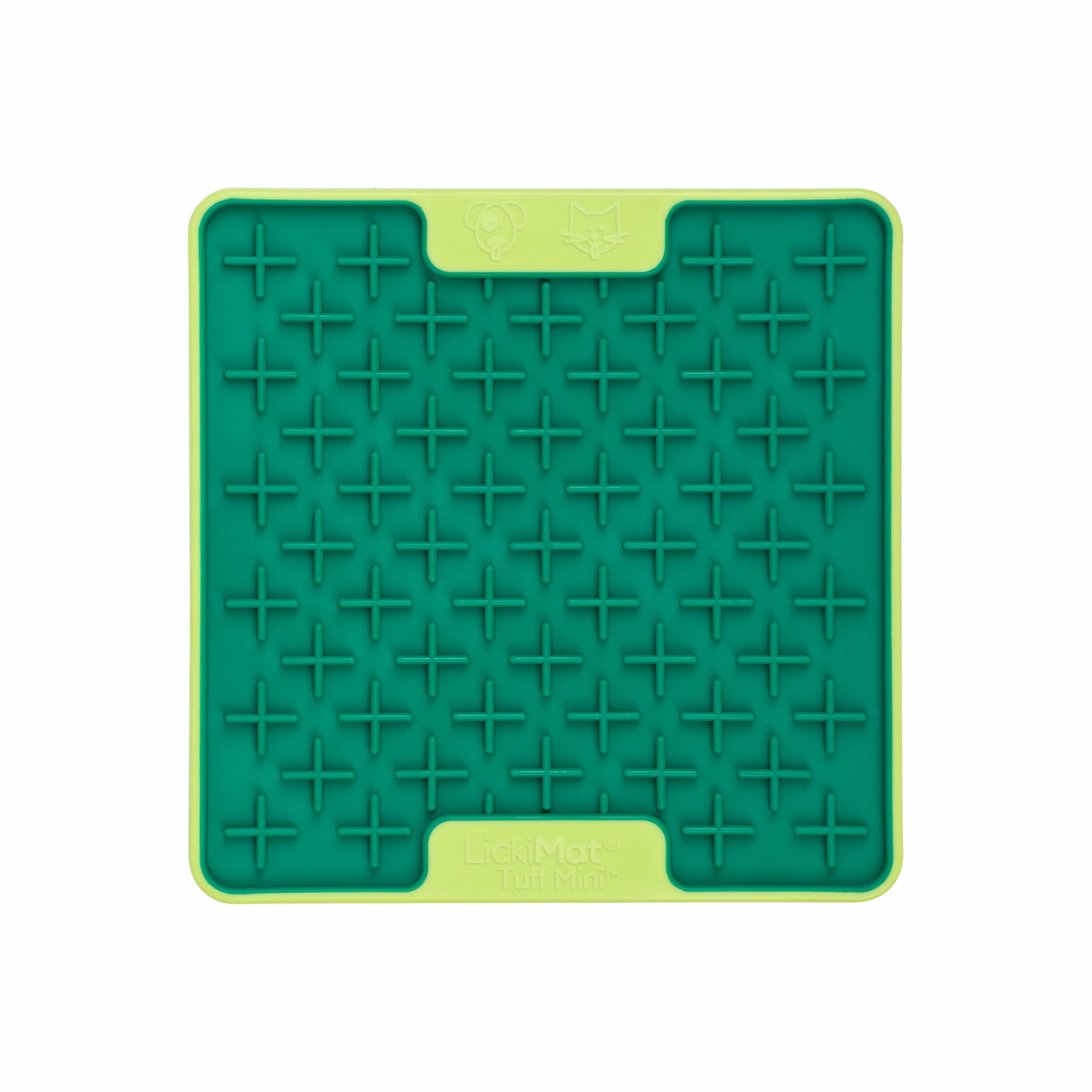 Green LickiMat® Mini Tuff Buddy™ – Durable Slow Feeder Lick Mat for Cats (front) on white background
