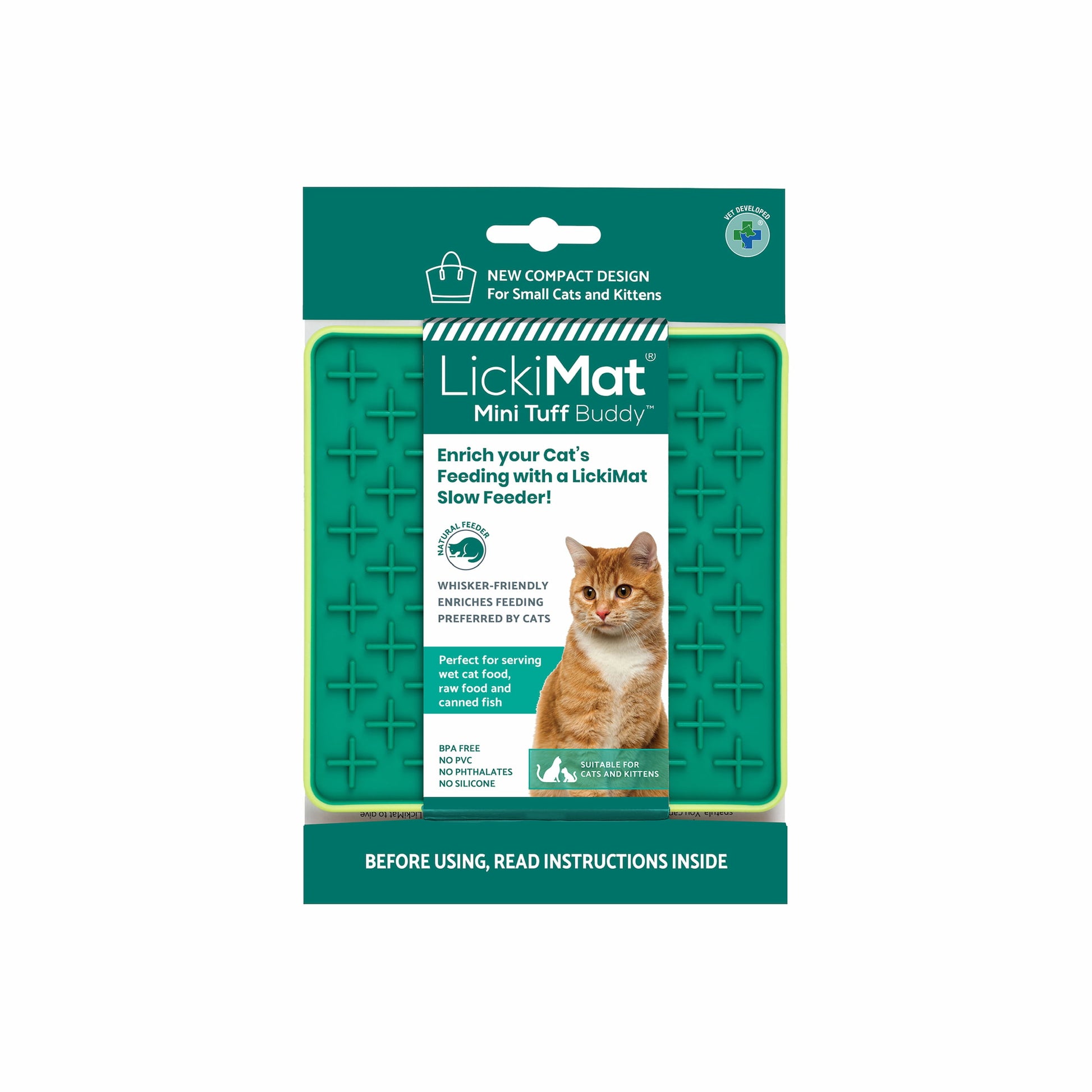 Green LickiMat® Mini Tuff Buddy™ – Durable Slow Feeder Lick Mat for Cats (label) on white background