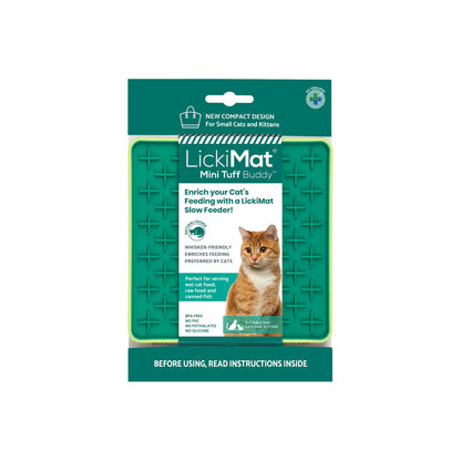 Green LickiMat® Mini Tuff Buddy™ – Durable Slow Feeder Lick Mat for Cats (label) on white background