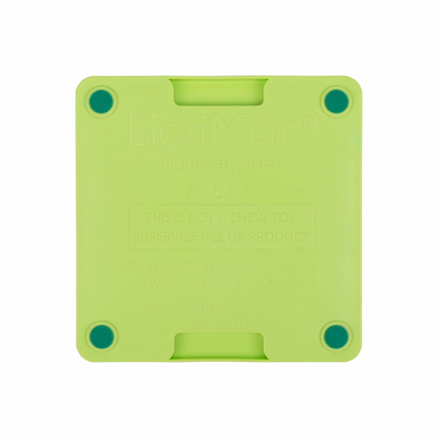 Green LickiMat® Mini Tuff Buddy™ – Durable Slow Feeder Lick Mat for Cats (rear) on white background