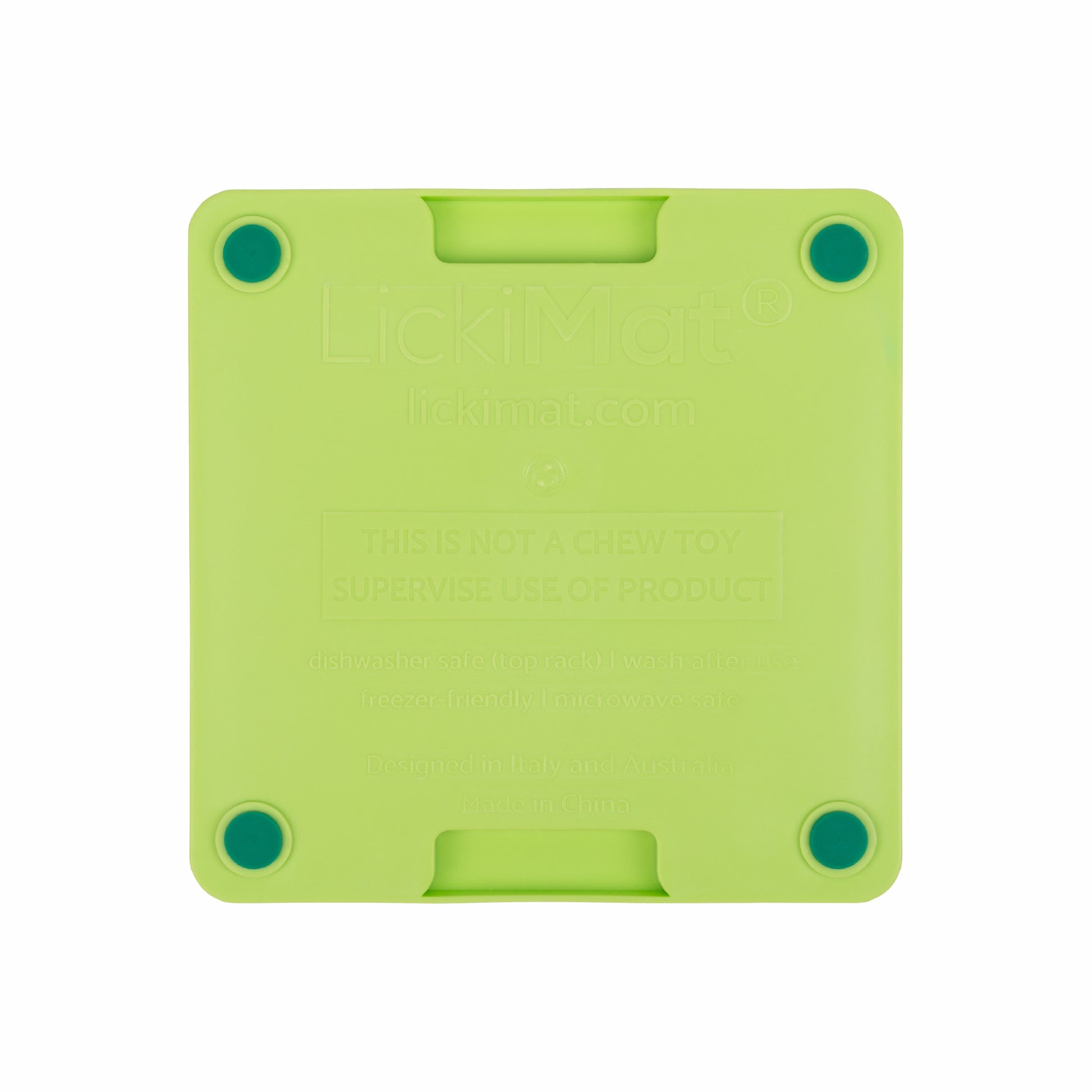 Green LickiMat® Mini Tuff Buddy™ – Durable Slow Feeder Lick Mat for Cats (rear) on white background