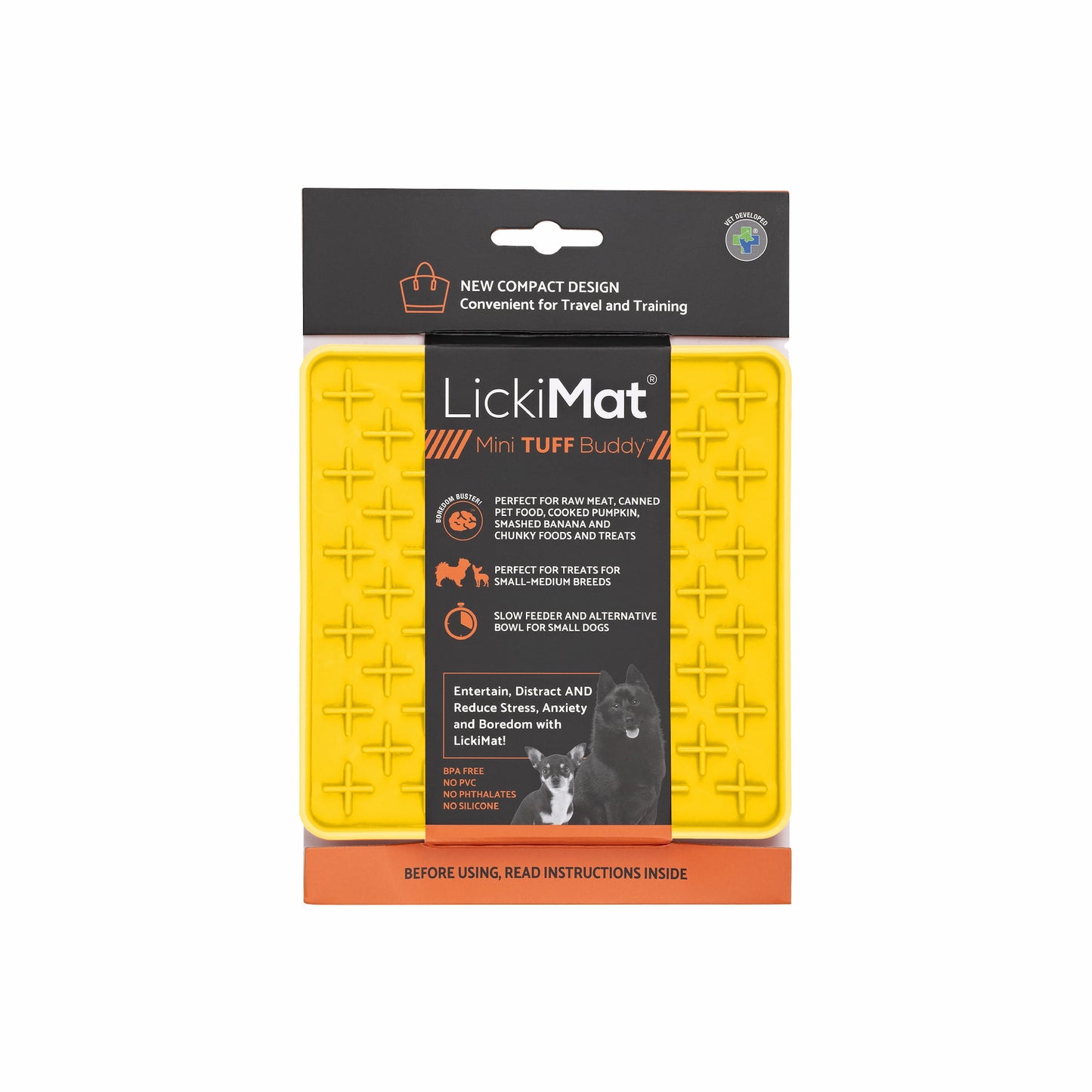 Yellow LickiMat® Mini Tuff Buddy™ – Slow Feeder Lick Mat for Small Dogs (label) on white background