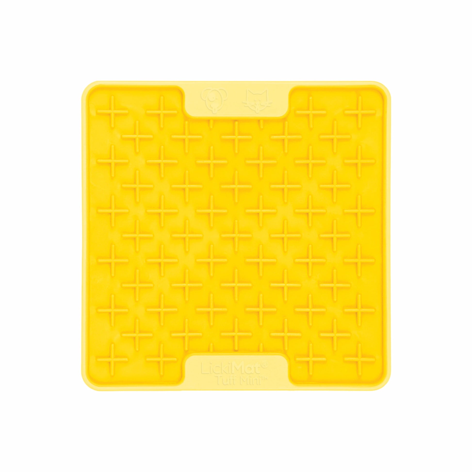 Yellow LickiMat® Mini Tuff Buddy™ – Slow Feeder Lick Mat for Small Dogs (front) on white background