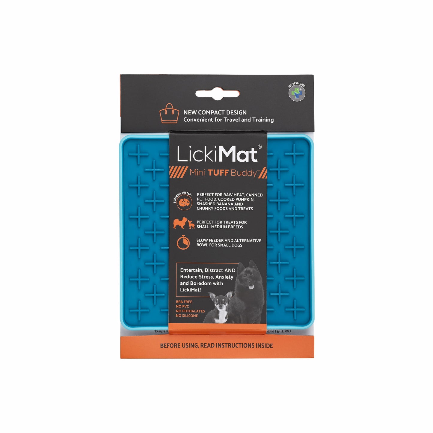 Turquoise LickiMat® Mini Tuff Buddy™ – Slow Feeder Lick Mat for Small Dogs (label) on white background