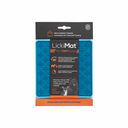 Turquoise LickiMat® Mini Tuff Buddy™ – Slow Feeder Lick Mat for Small Dogs (label) on white background