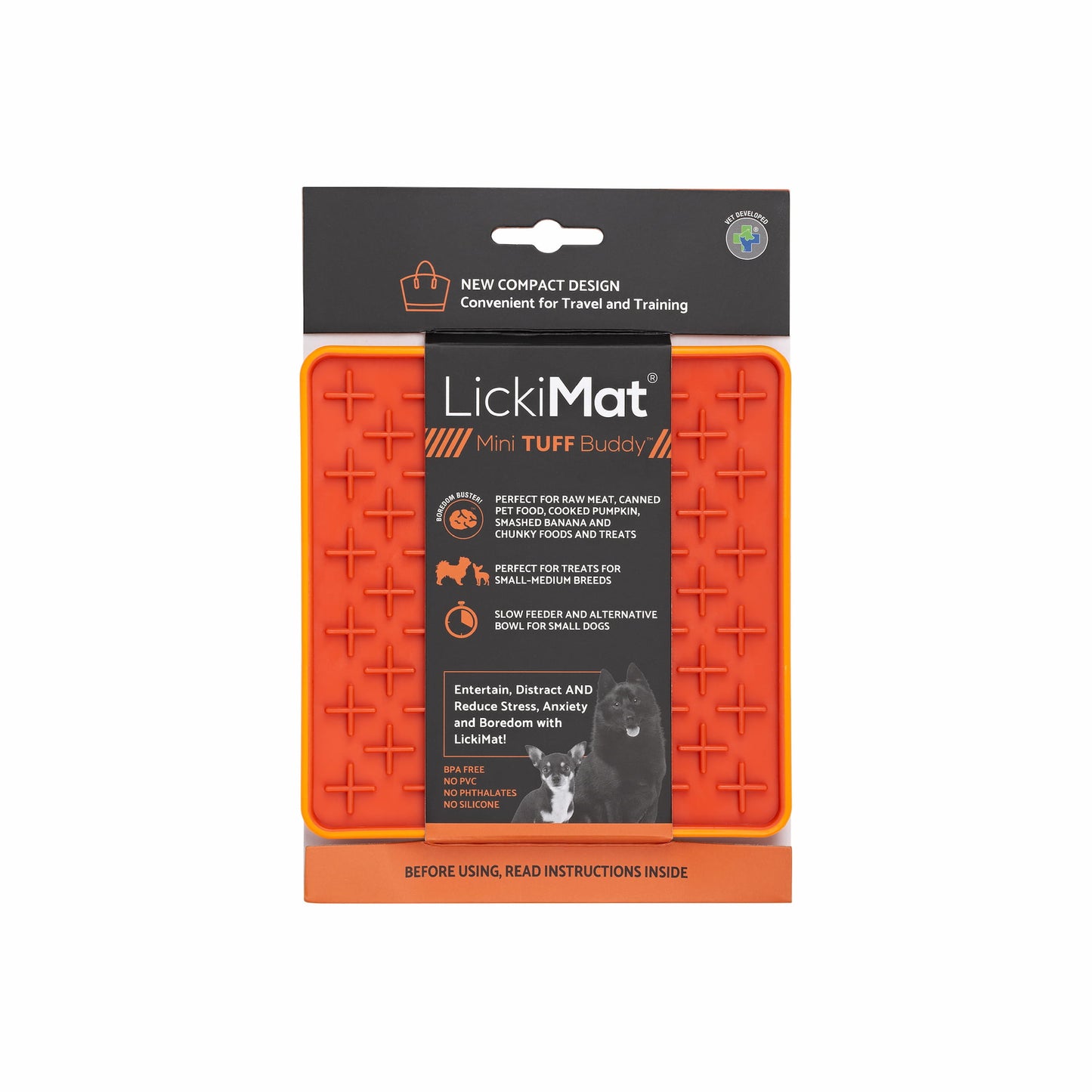 Orange LickiMat® Mini Tuff Buddy™ – Slow Feeder Lick Mat for Small Dogs (label) on white background