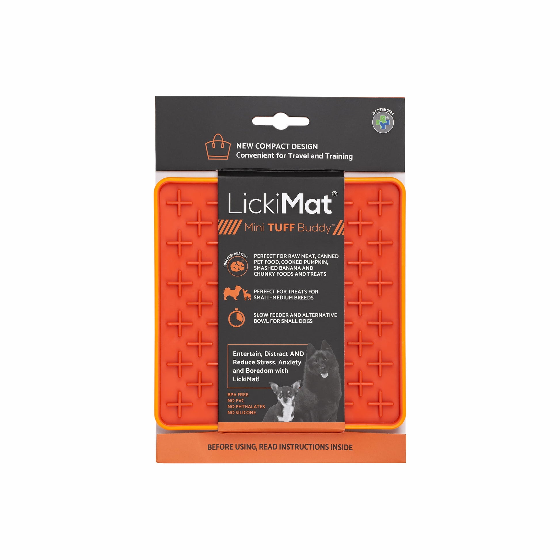 Orange LickiMat® Mini Tuff Buddy™ – Slow Feeder Lick Mat for Small Dogs (label) on white background