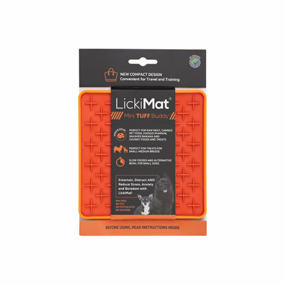 Orange LickiMat® Mini Tuff Buddy™ – Slow Feeder Lick Mat for Small Dogs (label) on white background