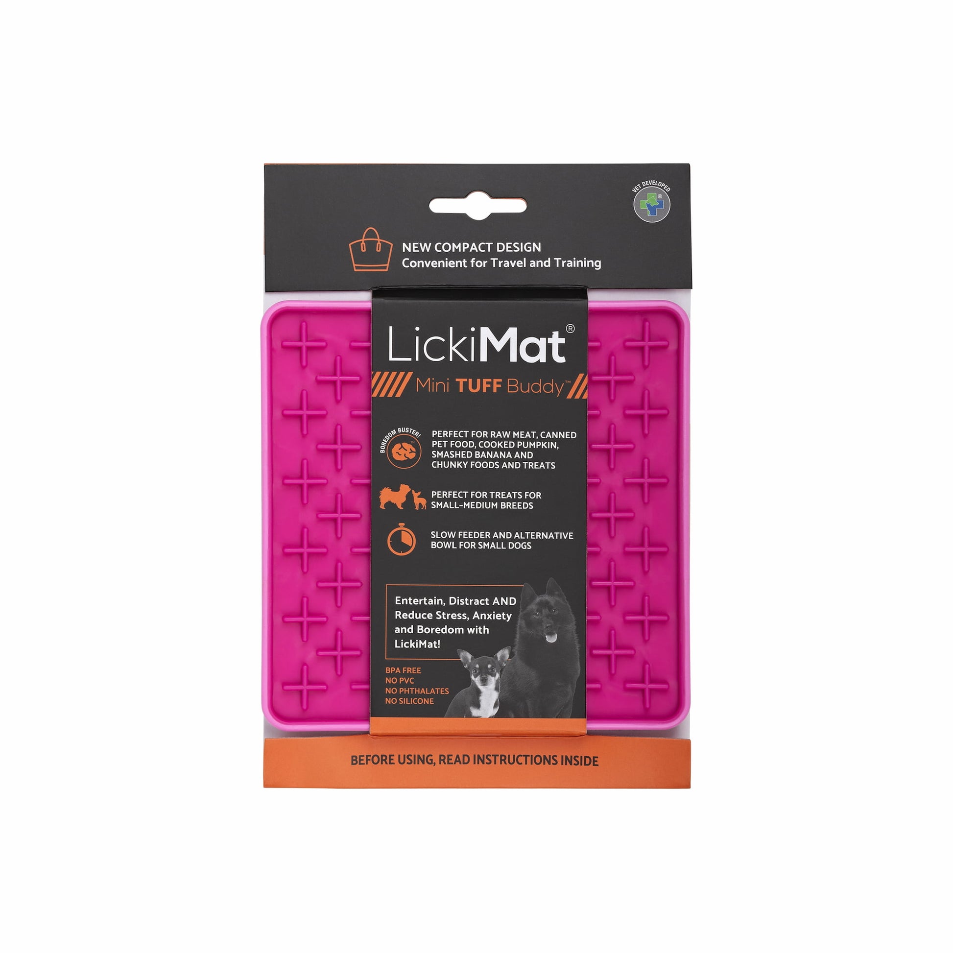 Pink LickiMat® Mini Tuff Buddy™ – Slow Feeder Lick Mat for Small Dogs (label) on white background