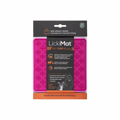 Pink LickiMat® Mini Tuff Buddy™ – Slow Feeder Lick Mat for Small Dogs (label) on white background