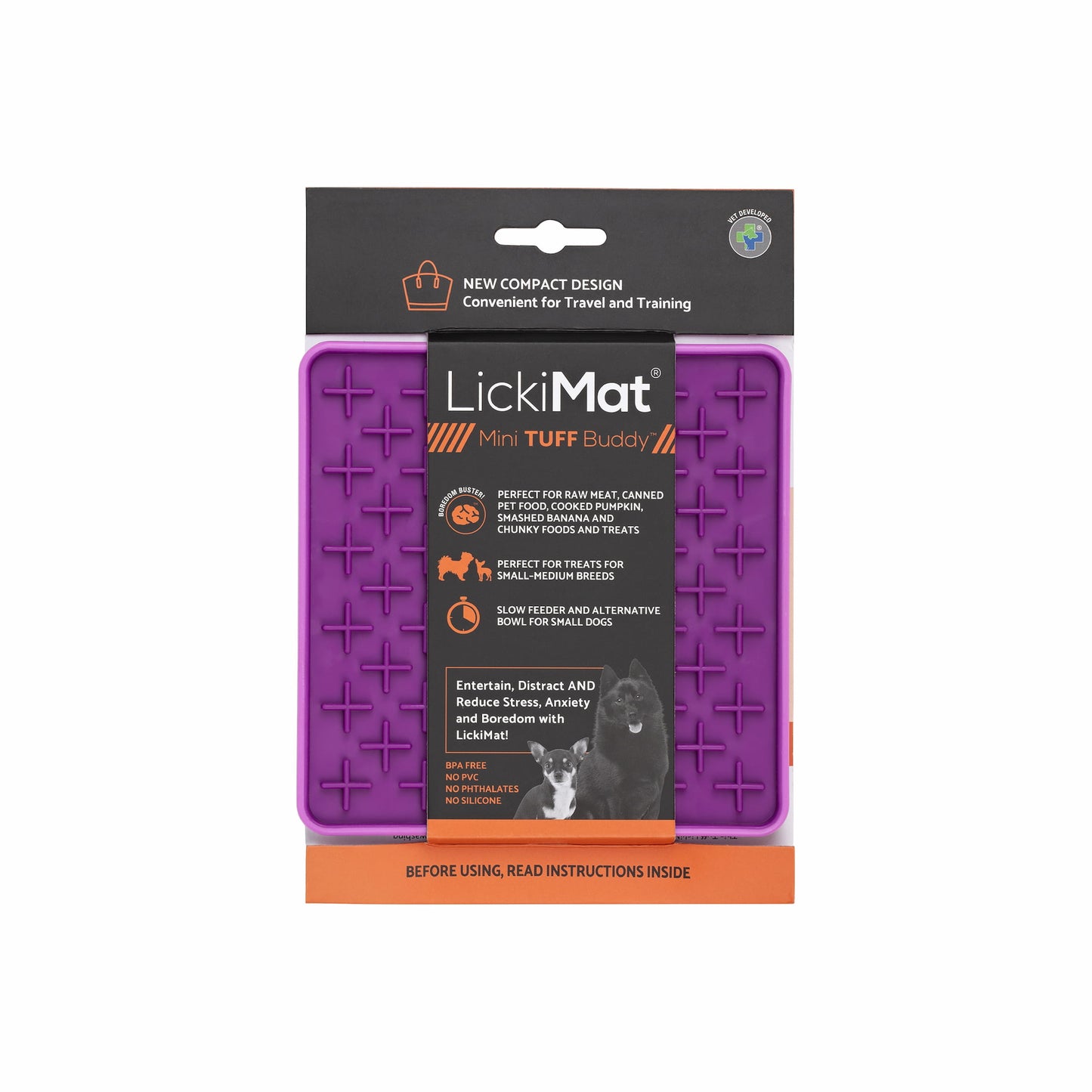 Purple LickiMat® Mini Tuff Buddy™ – Slow Feeder Lick Mat for Small Dogs (label) on white background