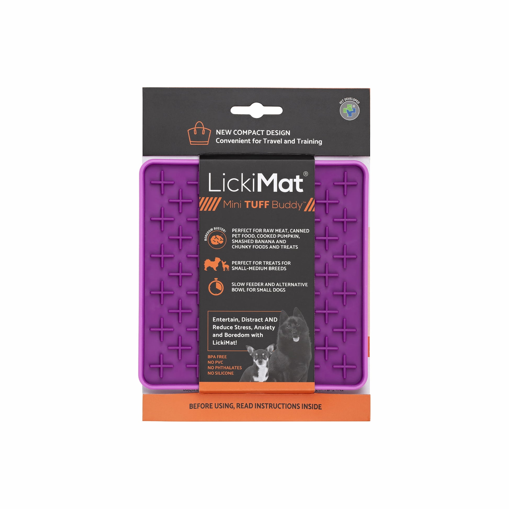 Purple LickiMat® Mini Tuff Buddy™ – Slow Feeder Lick Mat for Small Dogs (label) on white background