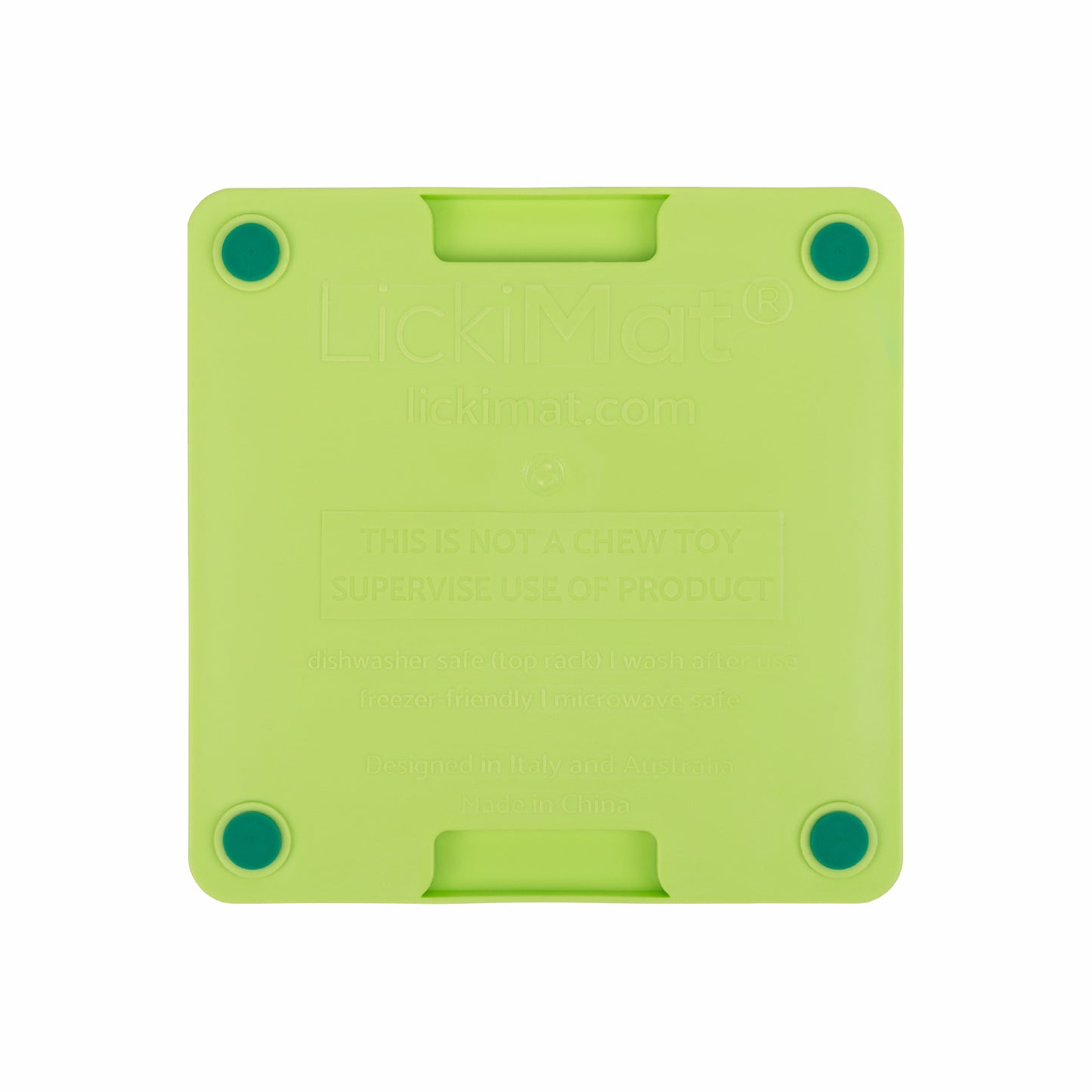 Green LickiMat® Mini Tuff Buddy™ – Slow Feeder Lick Mat for Small Dogs (rear) on white background