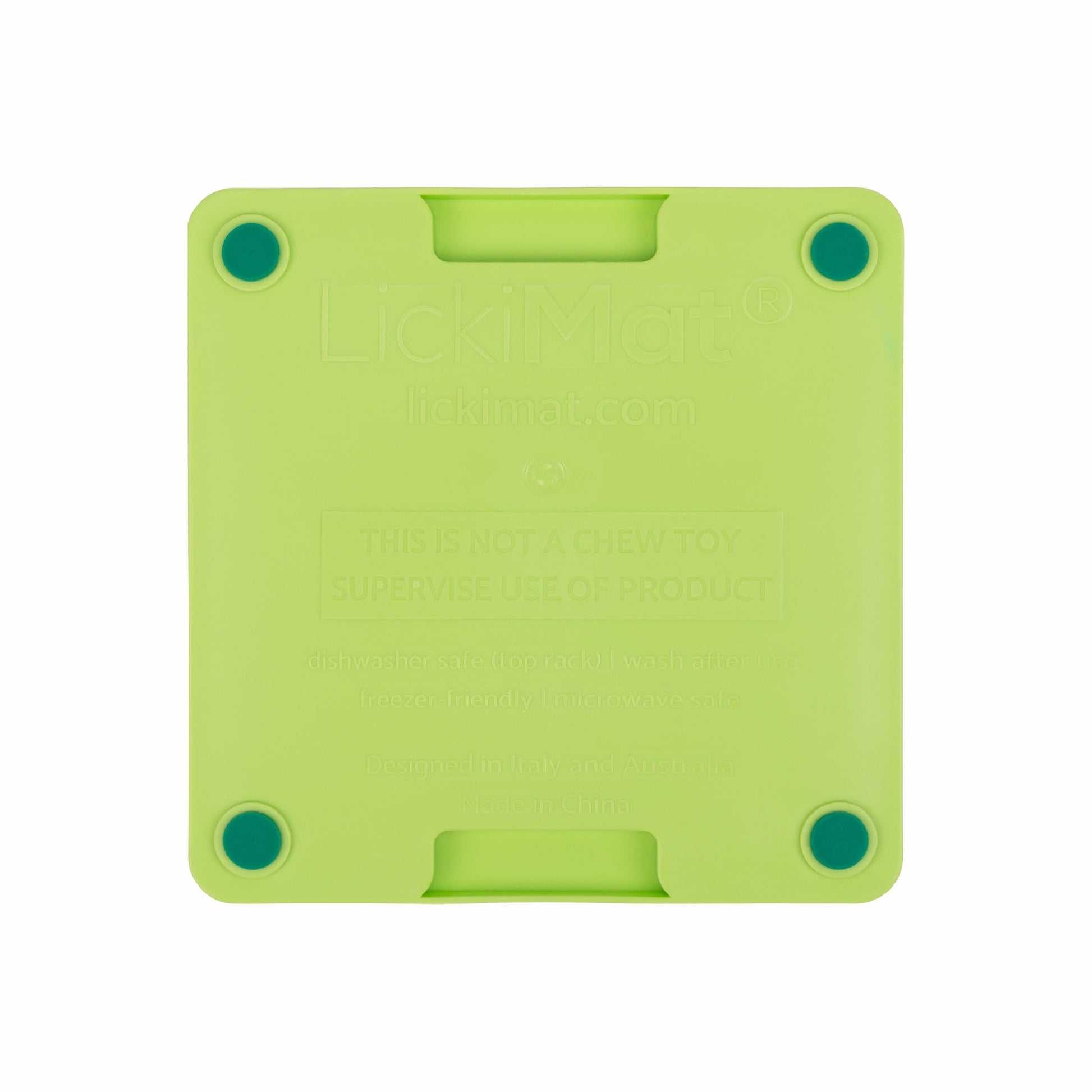 Green LickiMat® Mini Tuff Buddy™ – Slow Feeder Lick Mat for Small Dogs (rear) on white background