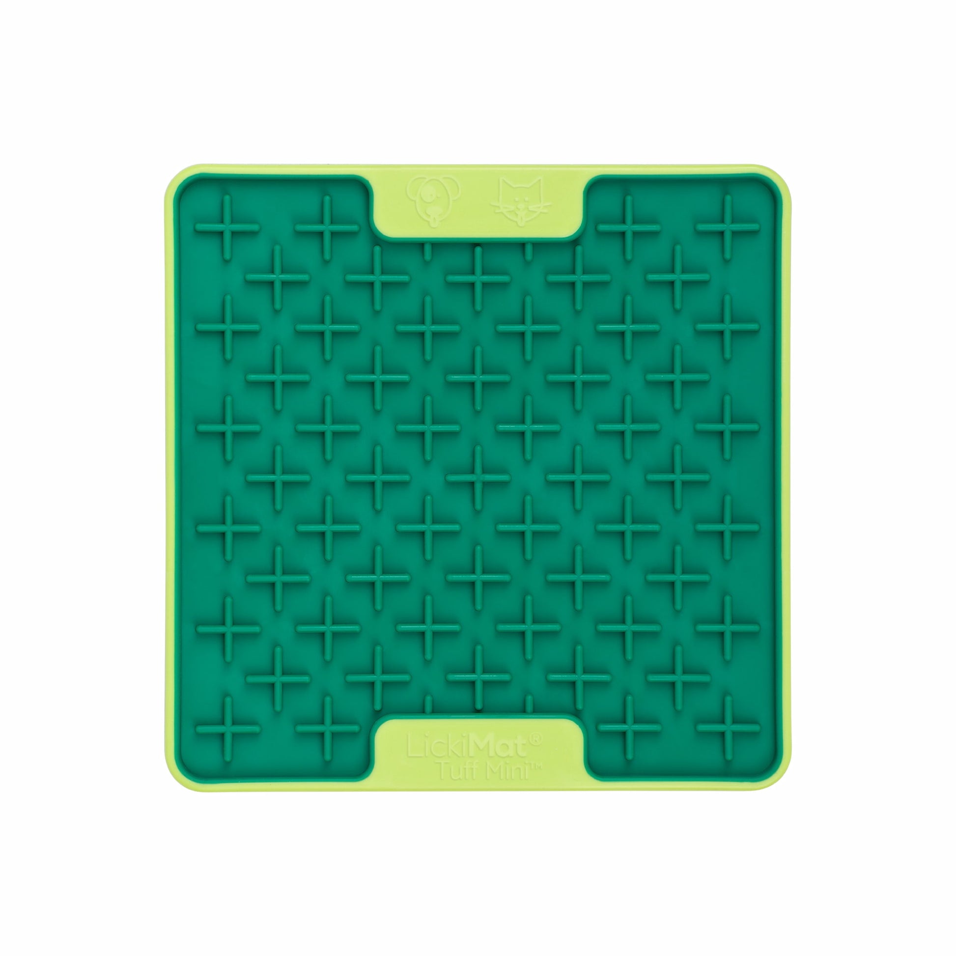 Green LickiMat® Mini Tuff Buddy™ – Slow Feeder Lick Mat for Small Dogs (front) on white background