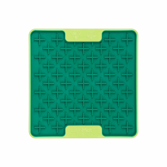 Green LickiMat® Mini Tuff Buddy™ – Slow Feeder Lick Mat for Small Dogs (front) on white background