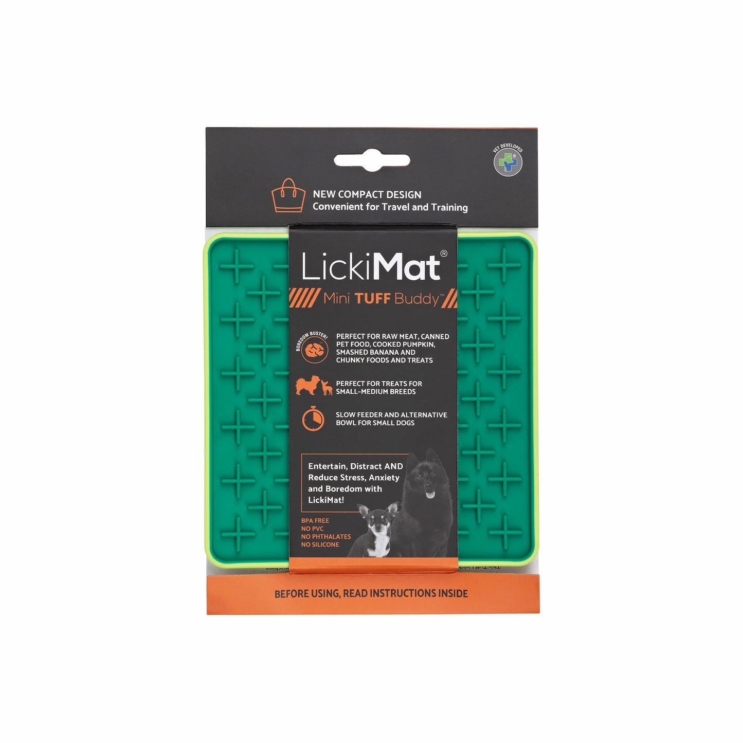Green LickiMat® Mini Tuff Buddy™ – Slow Feeder Lick Mat for Small Dogs (label) on white background