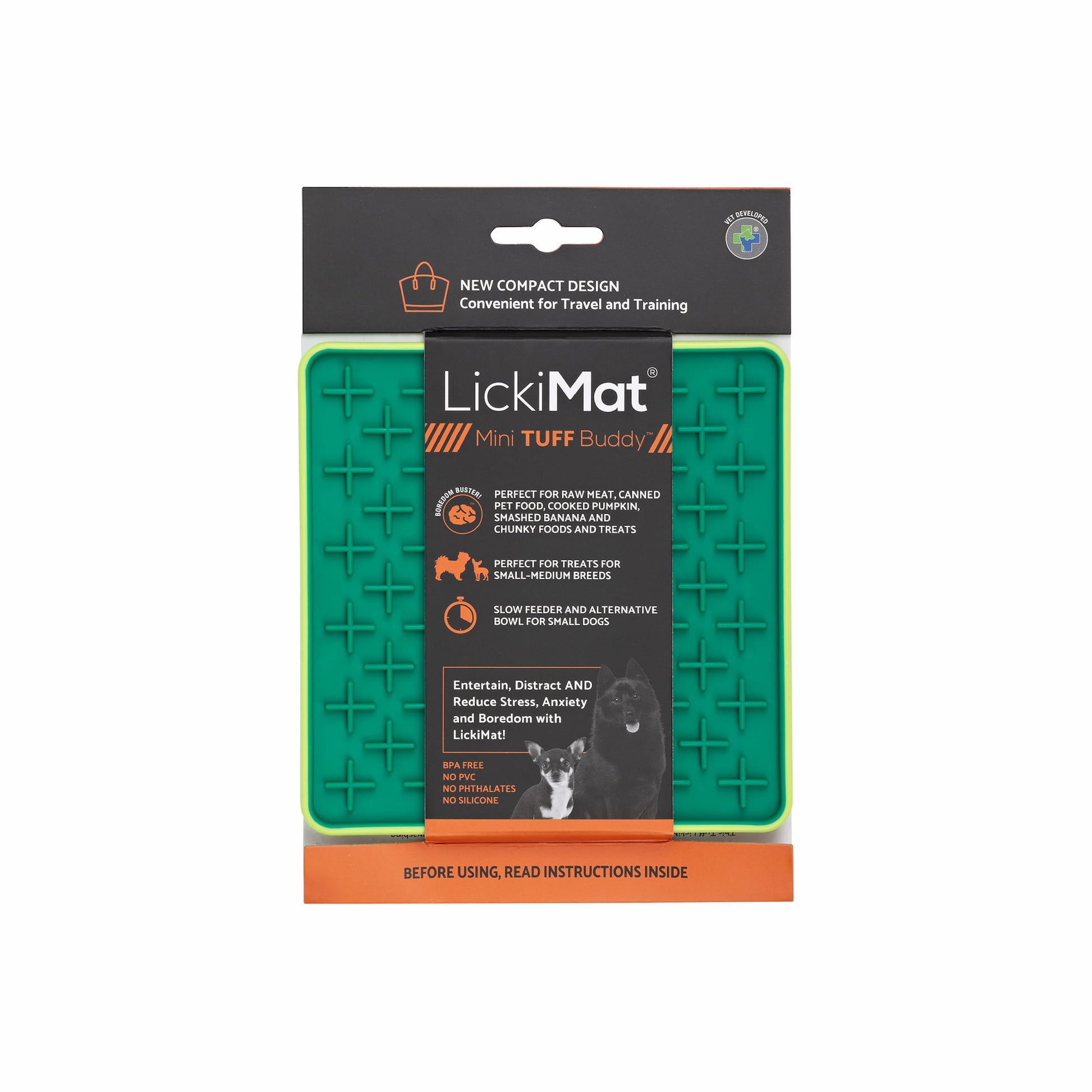 Green LickiMat® Mini Tuff Buddy™ – Slow Feeder Lick Mat for Small Dogs (label) on white background