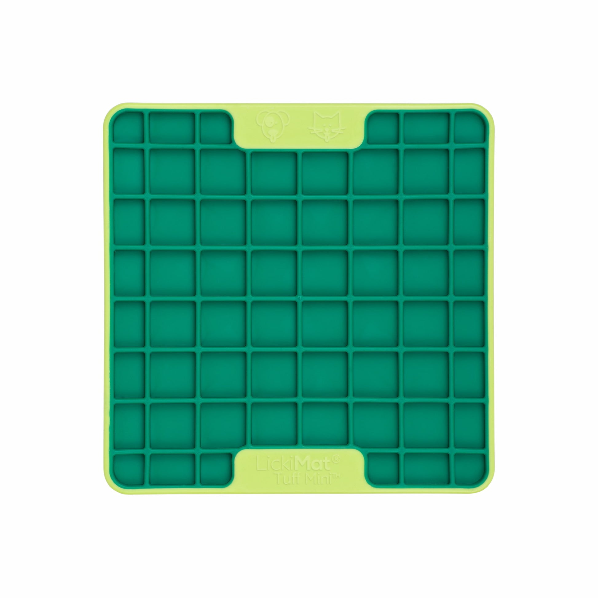 Green LickiMat® Mini Tuff Playdate™ – Durable Slow Feeder Lick Mat for Cats (front) on white background