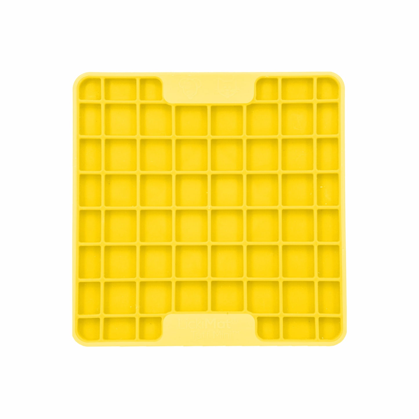 Yellow LickiMat® Mini Tuff Playdate™ – Durable Slow Feeder Lick Mat for Cats (front) on white background
