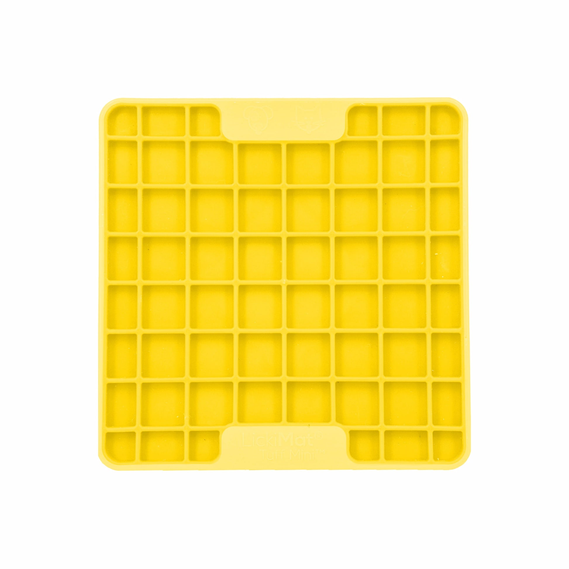 Yellow LickiMat® Mini Tuff Playdate™ – Durable Slow Feeder Lick Mat for Cats (front) on white background