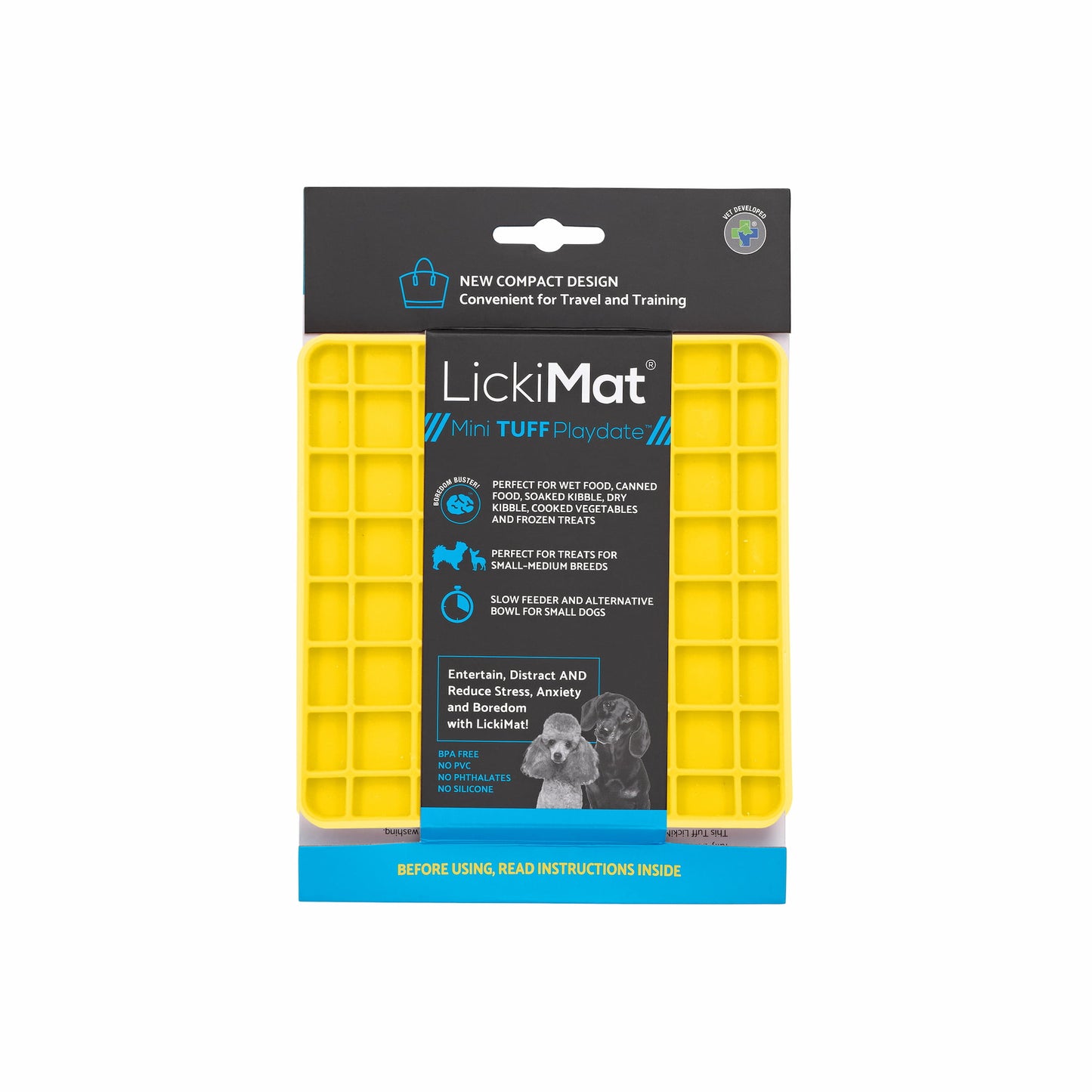 Yellow LickiMat® Mini Tuff Playdate™ – Slow Feeder Lick Mat for Small Dogs (rear) on white background