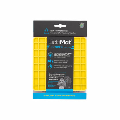 Yellow LickiMat® Mini Tuff Playdate™ – Slow Feeder Lick Mat for Small Dogs (rear) on white background