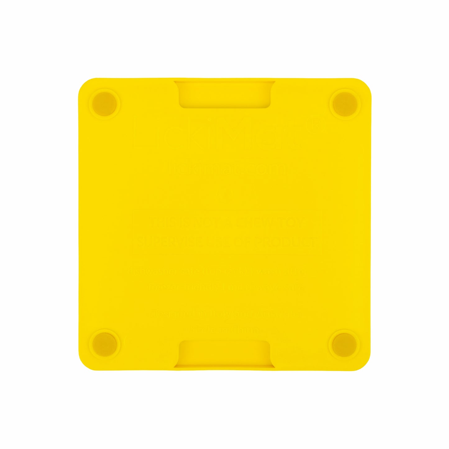 Yellow LickiMat® Mini Tuff Playdate™ – Durable Slow Feeder Lick Mat for Cats (rear) on white background