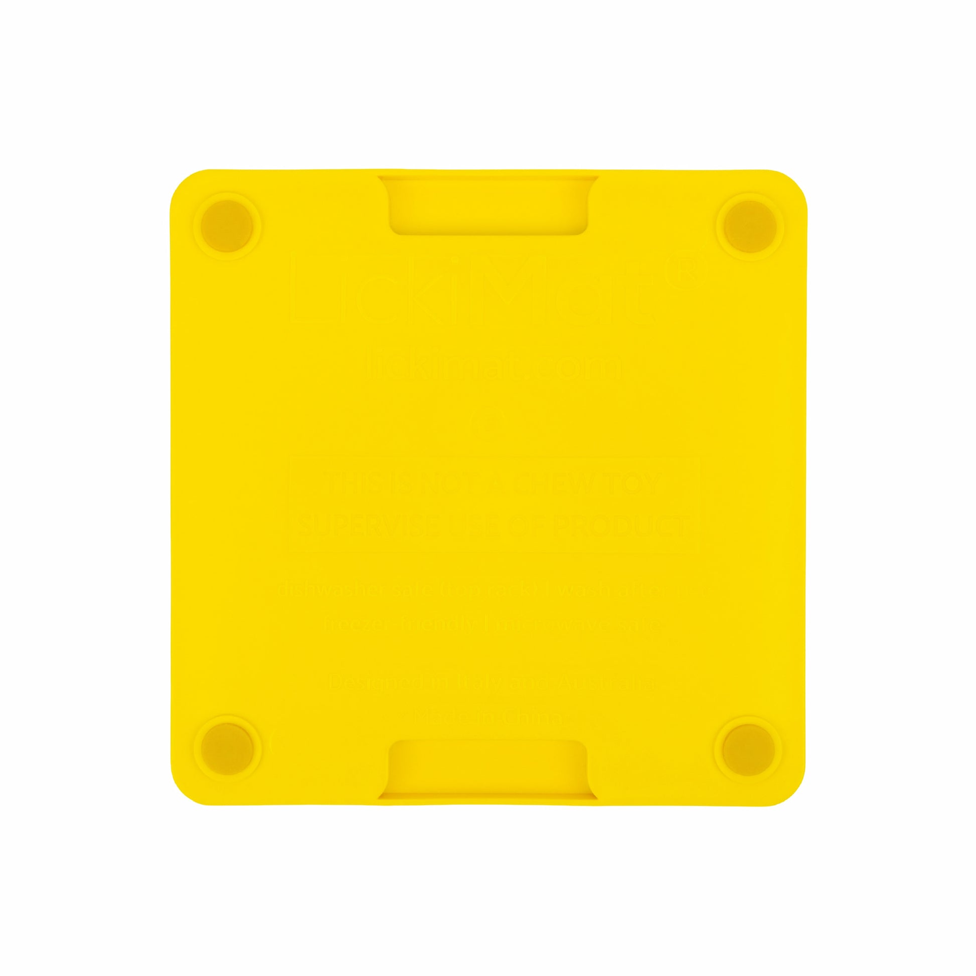 Yellow LickiMat® Mini Tuff Playdate™ – Durable Slow Feeder Lick Mat for Cats (rear) on white background