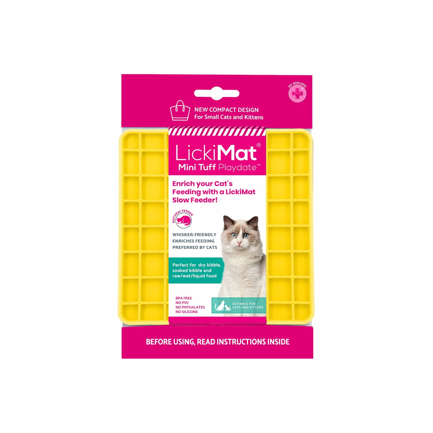 Yellow LickiMat® Mini Tuff Playdate™ – Durable Slow Feeder Lick Mat for Cats (label) on white background