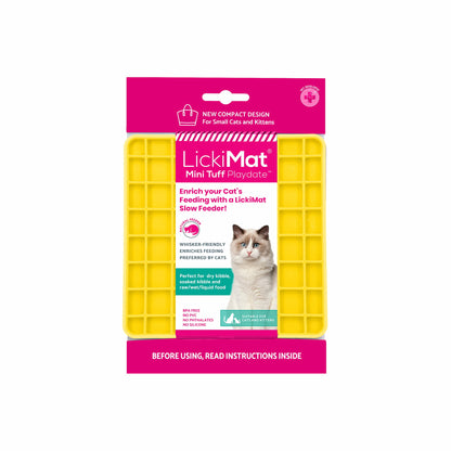Yellow LickiMat® Mini Tuff Playdate™ – Durable Slow Feeder Lick Mat for Cats (label) on white background
