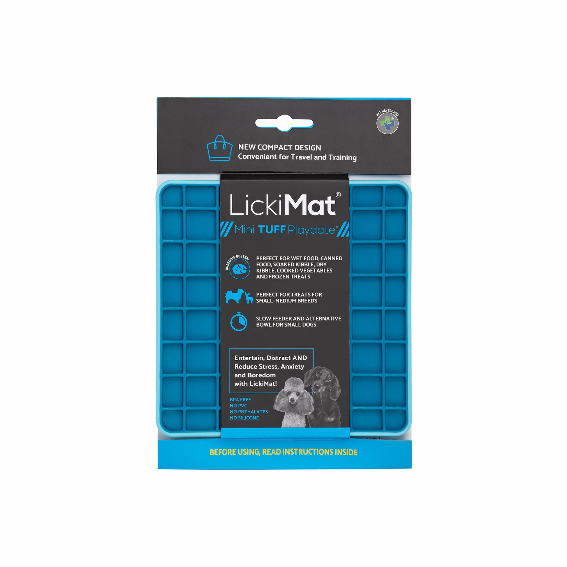 Turquoise LickiMat® Mini Tuff Playdate™ – Slow Feeder Lick Mat for Small Dogs (label) on white background
