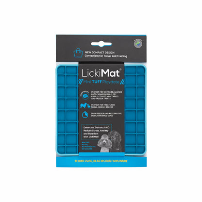 Turquoise LickiMat® Mini Tuff Playdate™ – Slow Feeder Lick Mat for Small Dogs (label) on white background