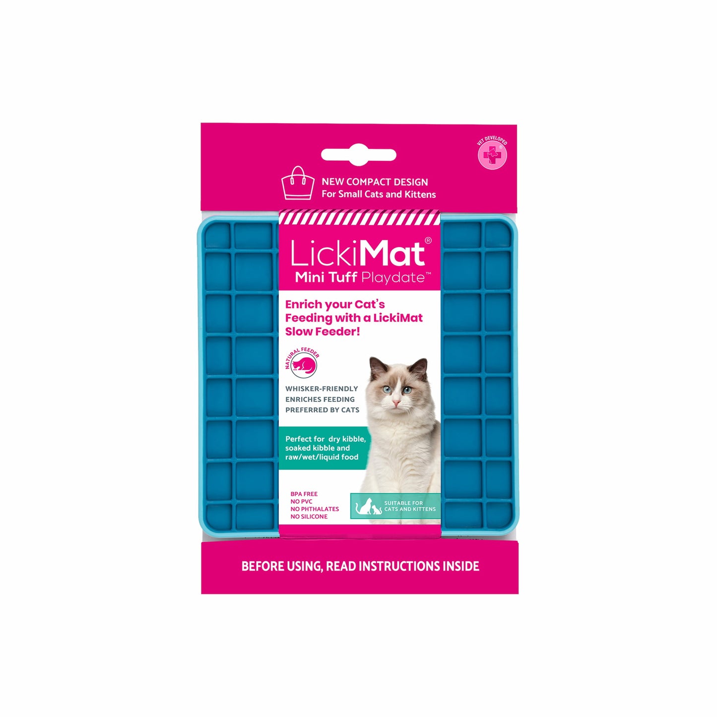 Turquoise LickiMat® Mini Tuff Playdate™ – Durable Slow Feeder Lick Mat for Cats (label) on white background