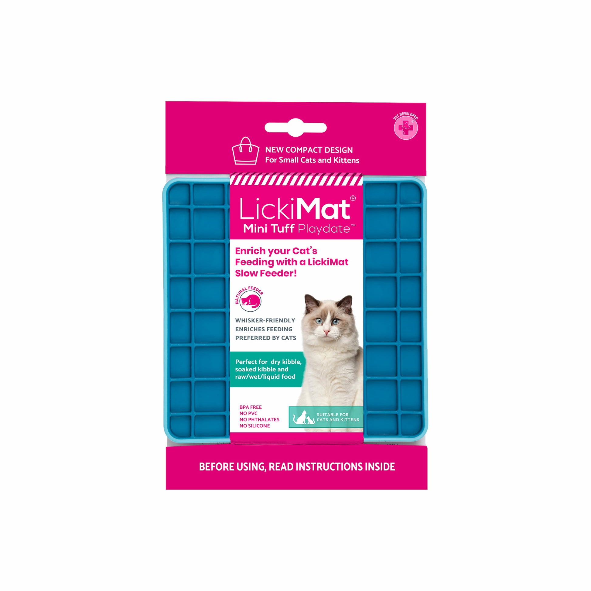 Turquoise LickiMat® Mini Tuff Playdate™ – Durable Slow Feeder Lick Mat for Cats (label) on white background