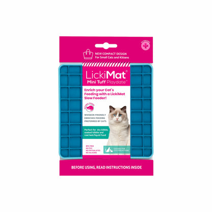 Turquoise LickiMat® Mini Tuff Playdate™ – Durable Slow Feeder Lick Mat for Cats (label) on white background